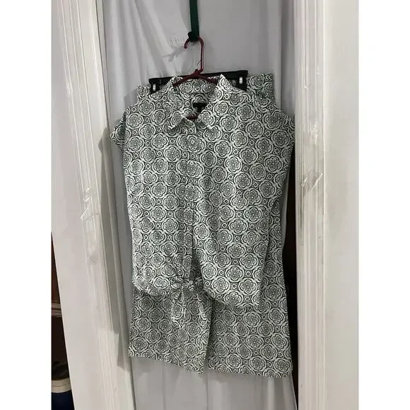 Talbots Green White Linen Blend Medallion Pant Set Sz L Wide Leg Pants Resort